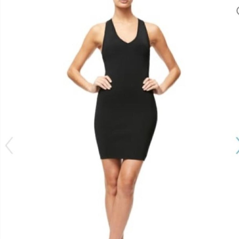 Good American Black Ribbed Sexy Bodycon V-neck Short Sleeve Dress Size 4 Xlarge